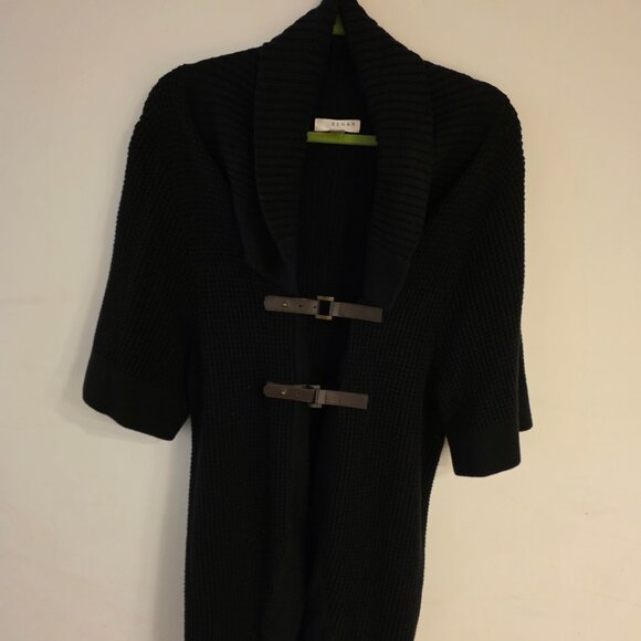 Women’s Black Knit Short-Sleeve Cardigan with Belt - Picture 2 of 6